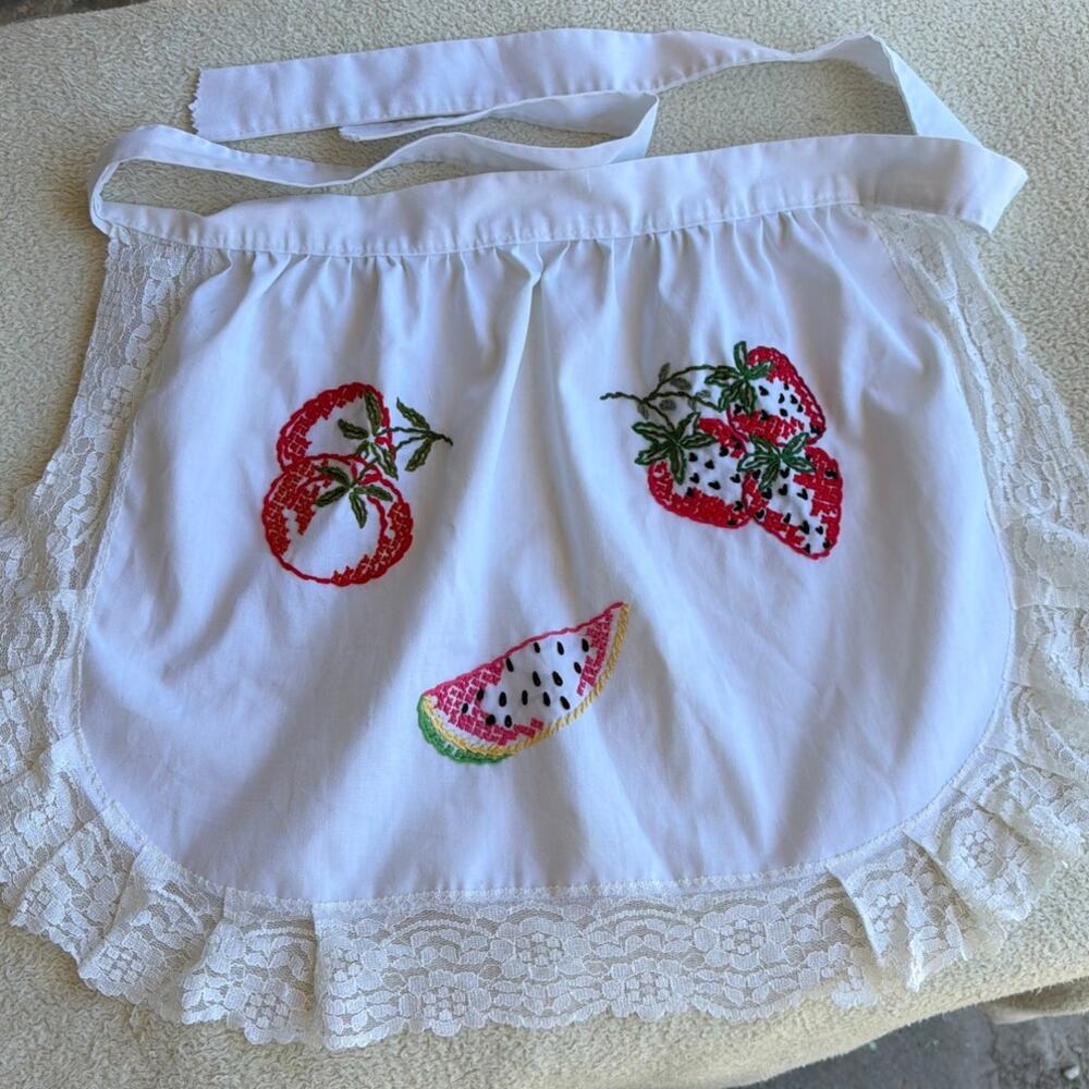 Handmade Half Apron Lace Trim Cross Stitch Fruit Strawberry Watermelon Tomato
